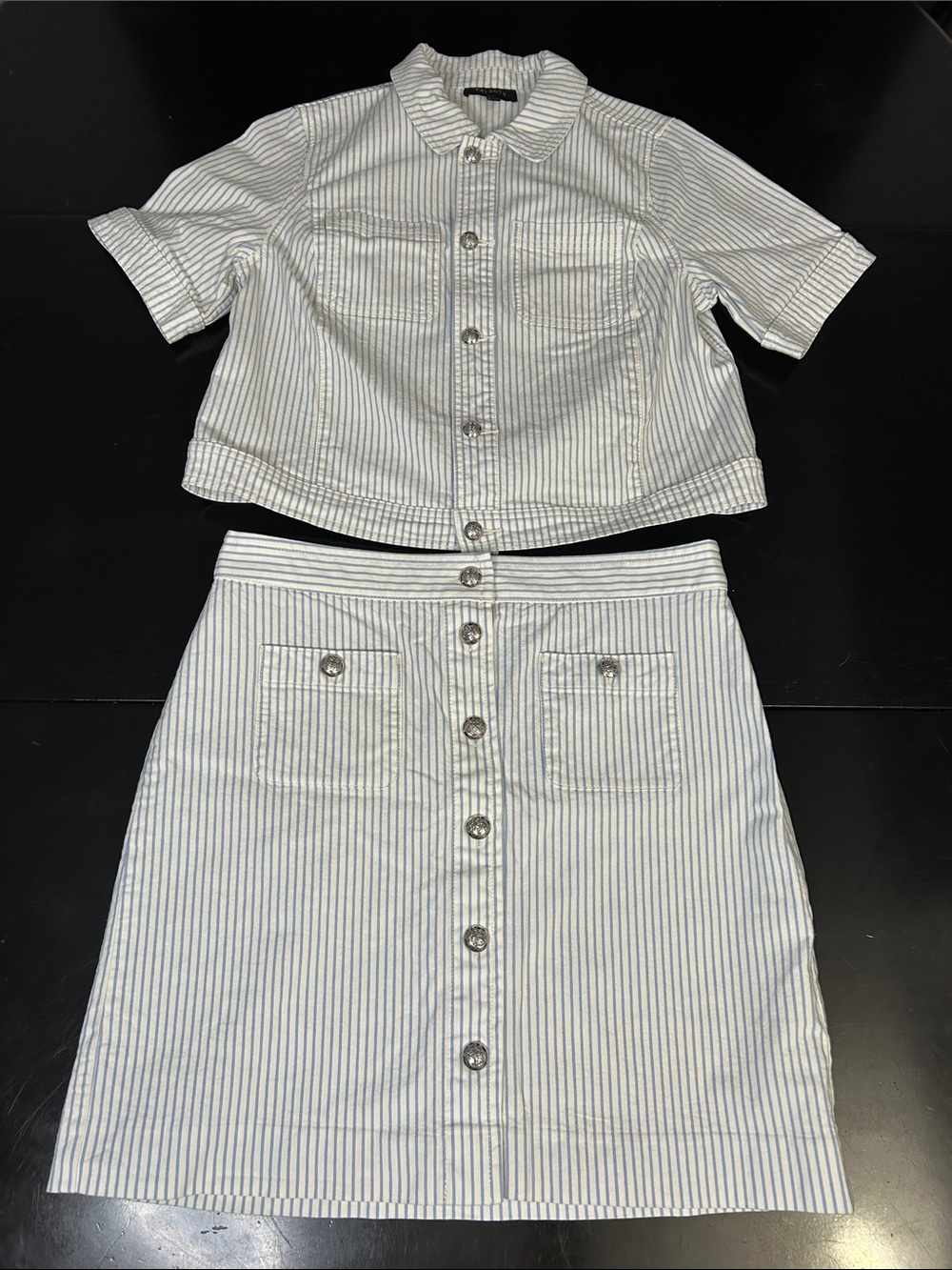 Talbots Blue and White Striped Button-Front chrome button denim jacket Skirt Set